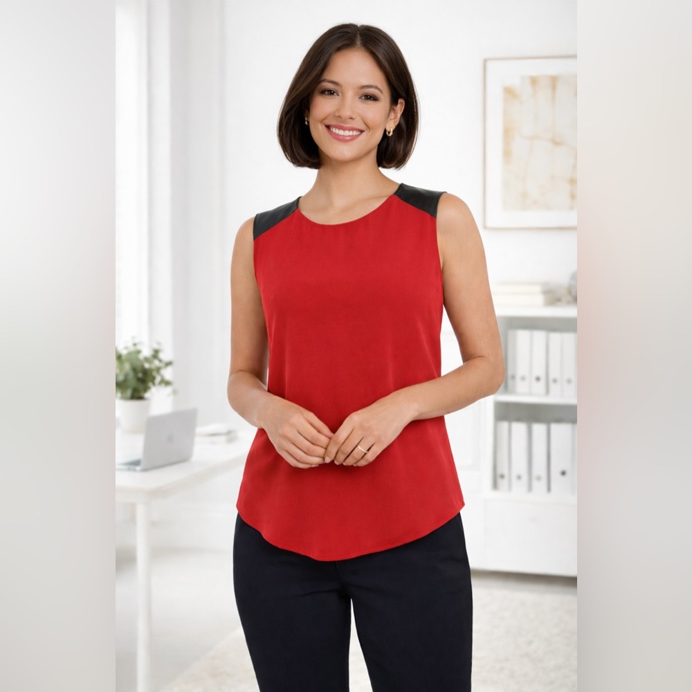 Parker Red Blouse Size XS Sleeveless 100% Silk w/Leather Shoulders $242 retail